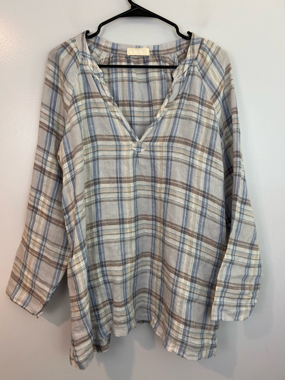 CP Shades 100% Linen Pale Blue/Tan Plaid V-neck Pullover Tunic Blouse Sz Small